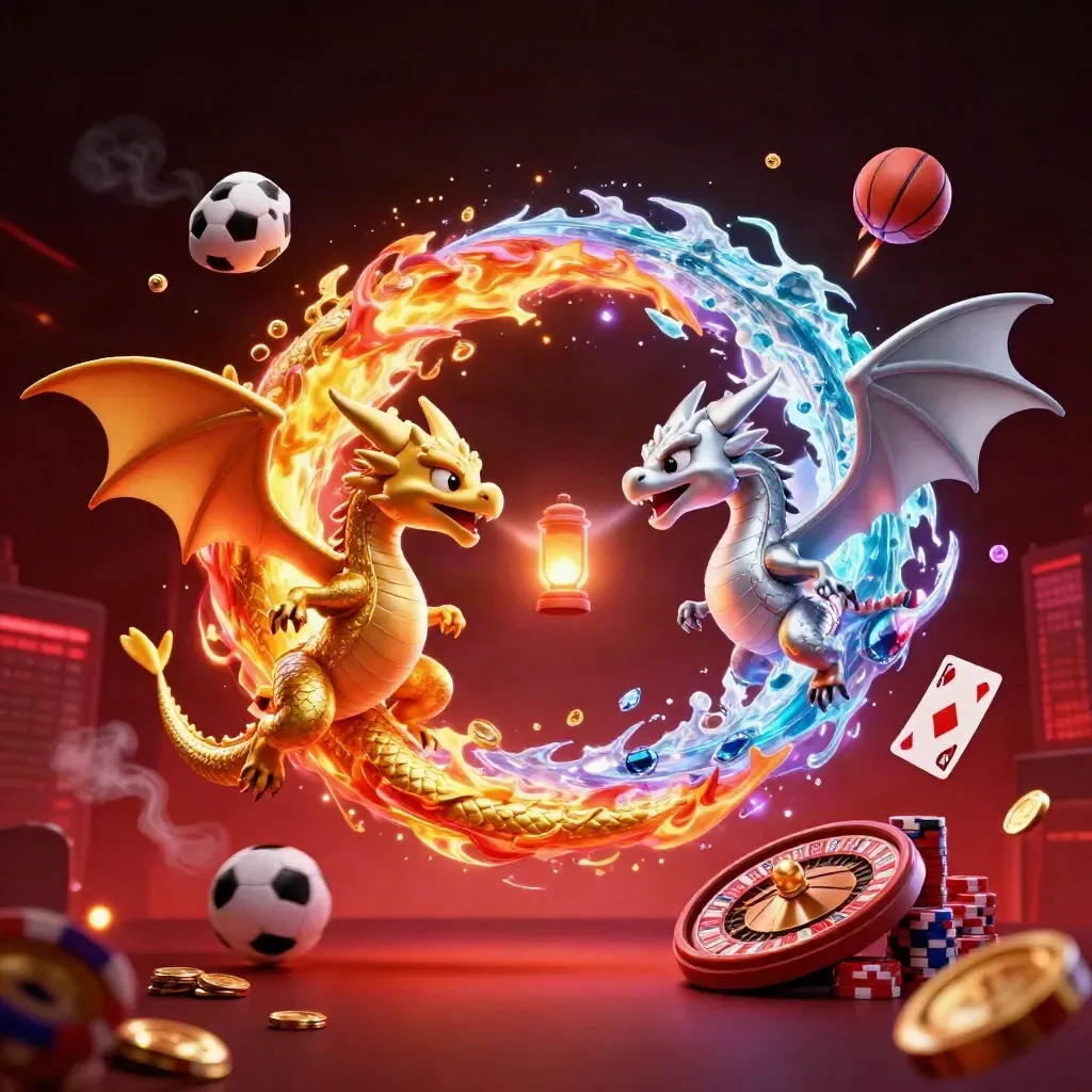 Twin dragons, coins, sports balls and casino symbols erupt in a neon low-angle splash scene.