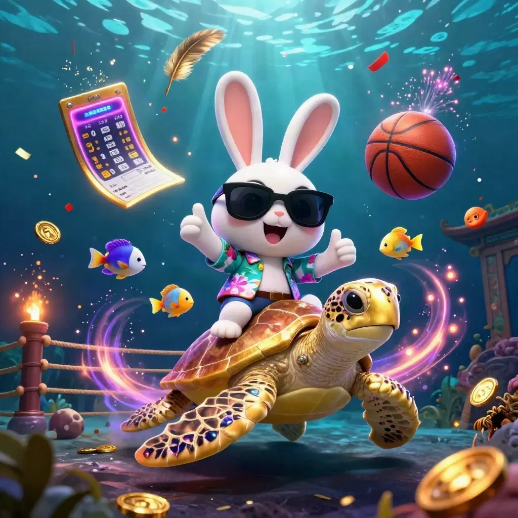 Lucky rabbit rides a gem-shell sea turtle amid floating sports gear, coins, sparks and underwater light