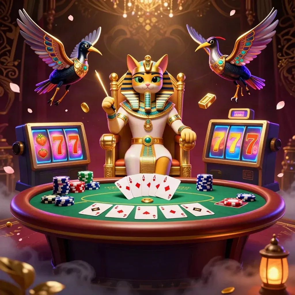 Pharaoh cat, ibis scribe and scarab beetles amid casino treasure and glowing slot symbols
