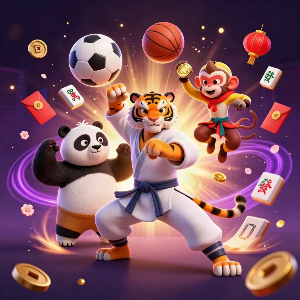 Kung-fu tiger, panda, and monkey amid sports balls, casino tokens, and neon purple-gold light.