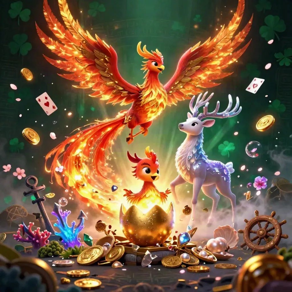 Fire phoenix, baby phoenix, and crystal stag amid gold coins, coral, and glowing treasure in a dark cove.