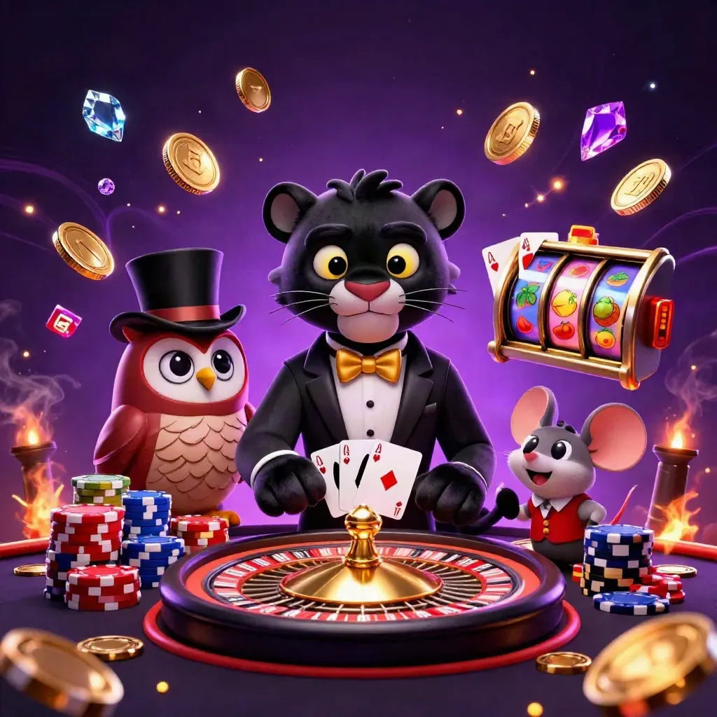 Panther, owl, and mouse amid coins, cards, reels, and neon casino effects.