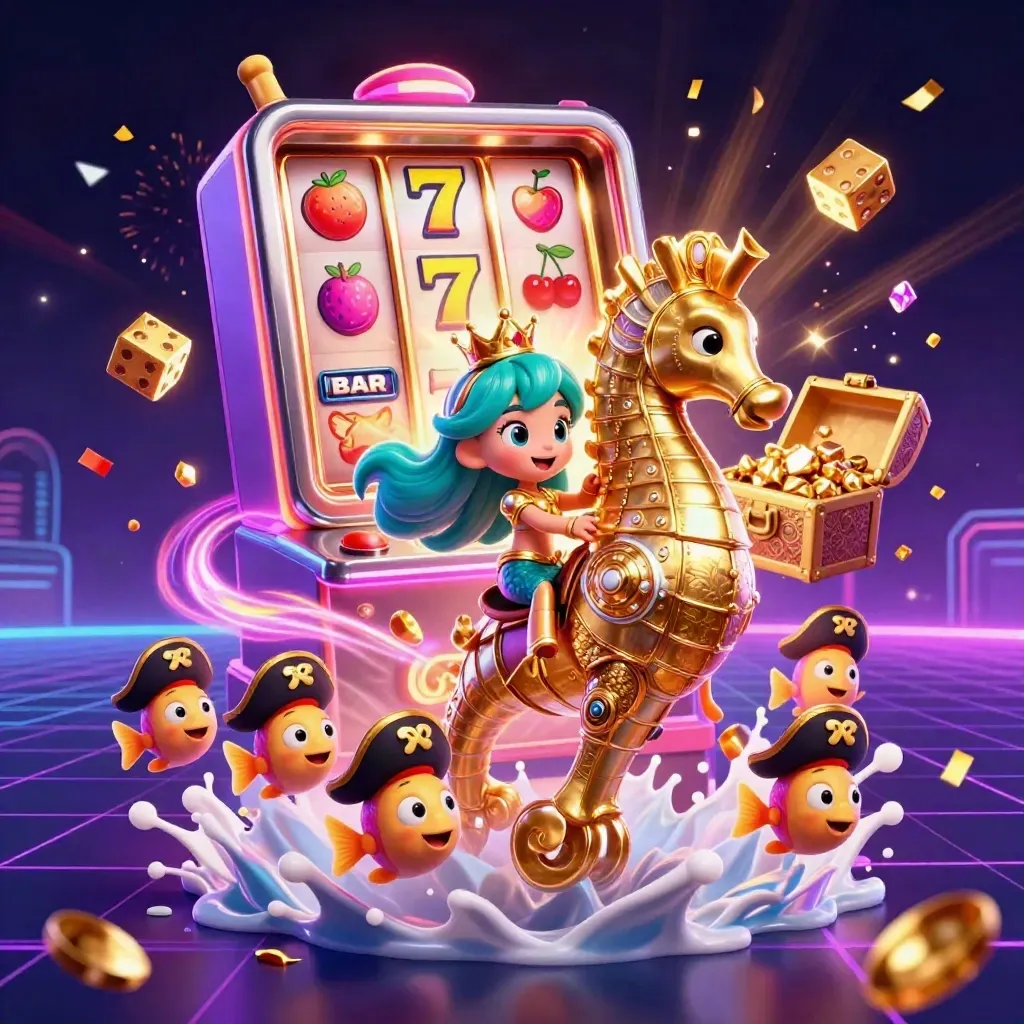Mermaid princess on armored seahorse amid exploding slot symbols, dice, gold, confetti, and neon magic.