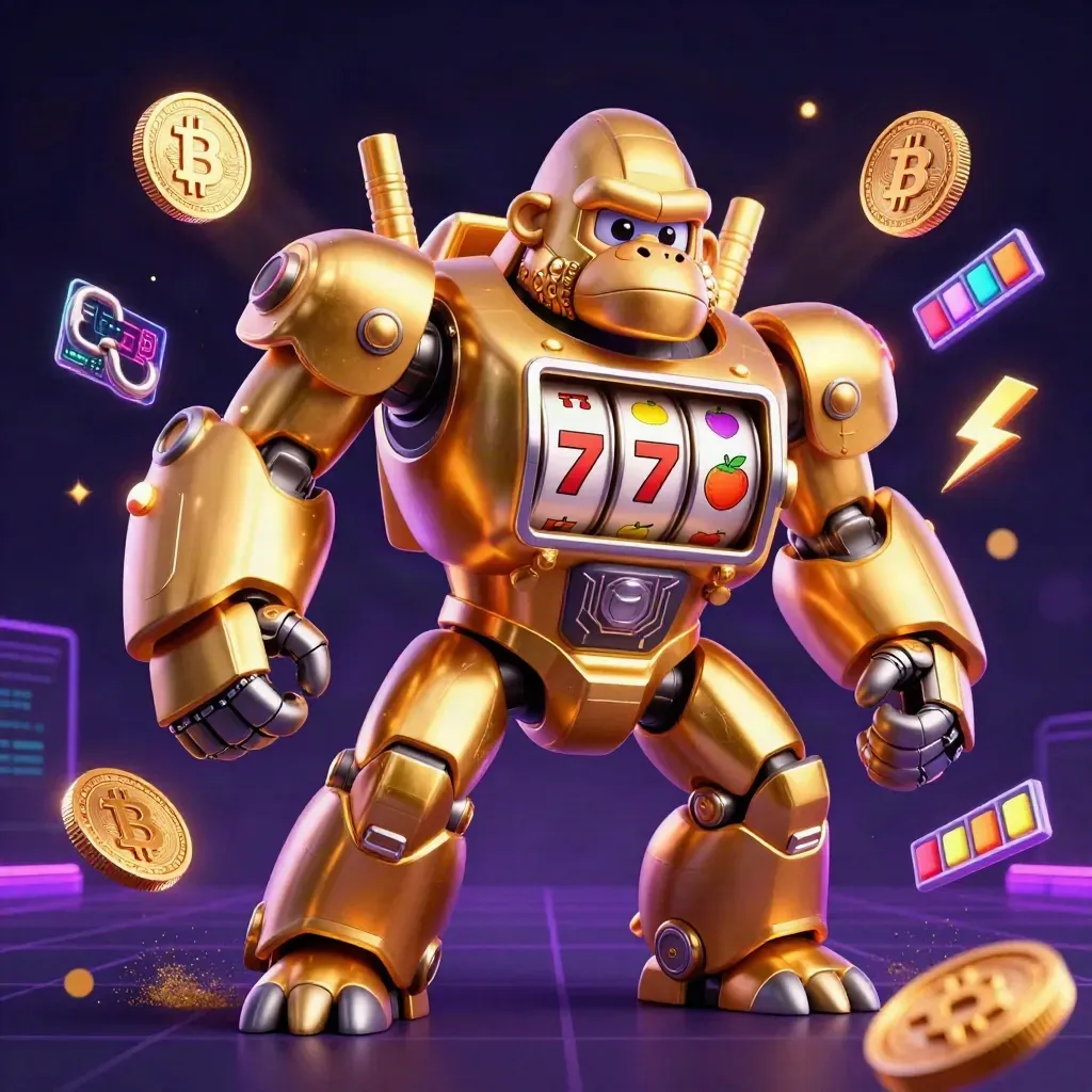 Golden gorilla slot mech with tiny monkey pilot, reels, coins and neon casino glow