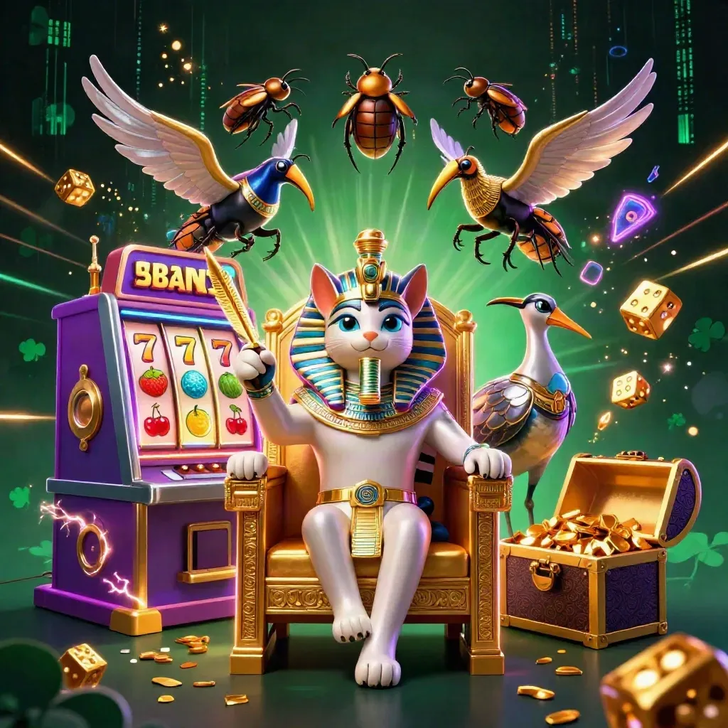Pharaoh cat on throne with ibis scribe, scarab beetles, and exploding slot machine in neon casino glow