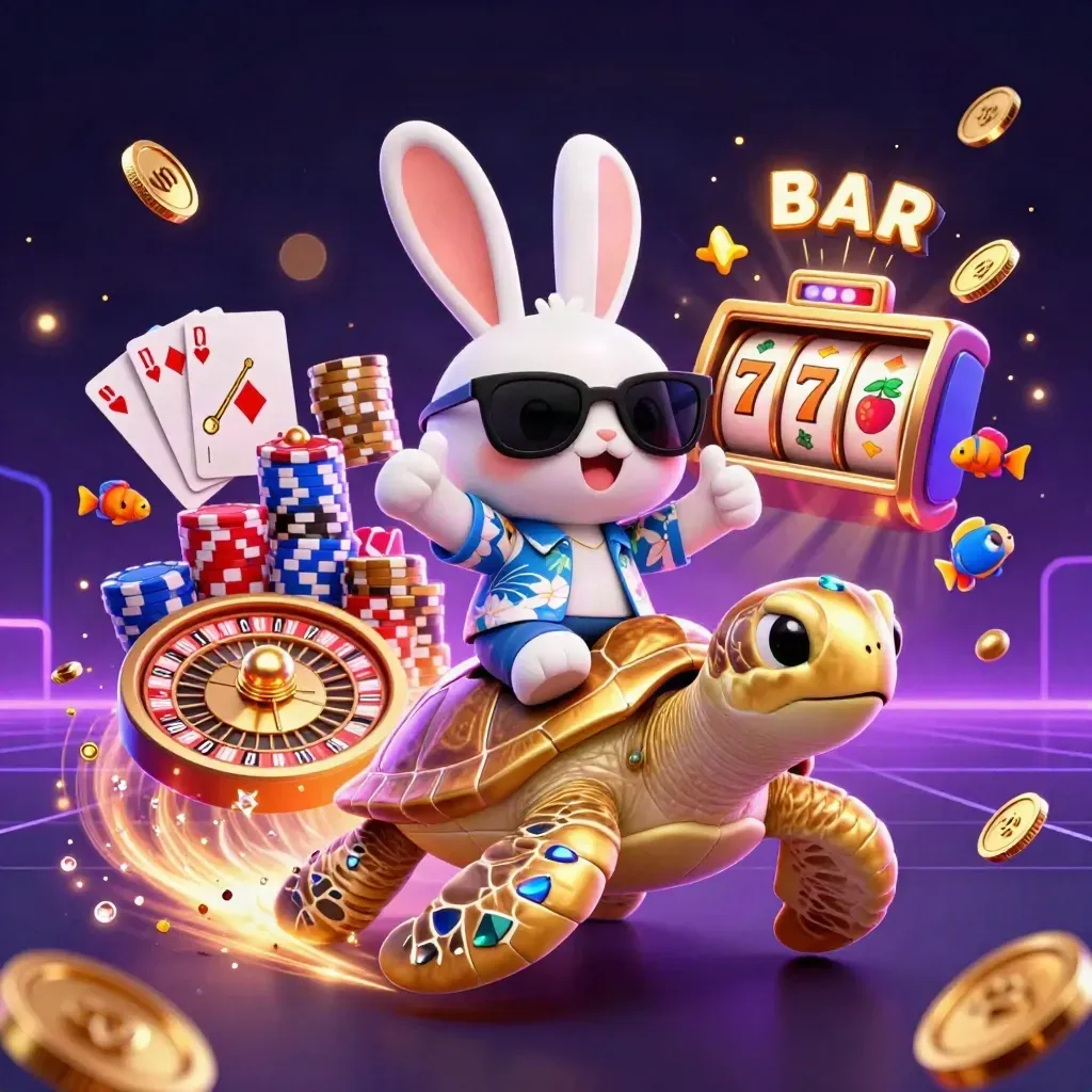 Sunglassed lucky rabbit rides a gold sea turtle amid coins, cards, chips and slot symbols